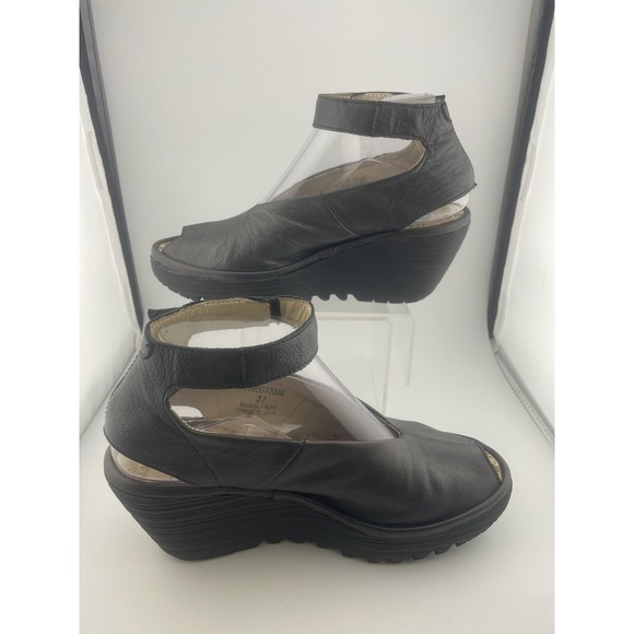 Fly London Shoes - Fly London Yala Metallic Leather Wedge Peep Toe Slingback Sandal 37 6.5-7